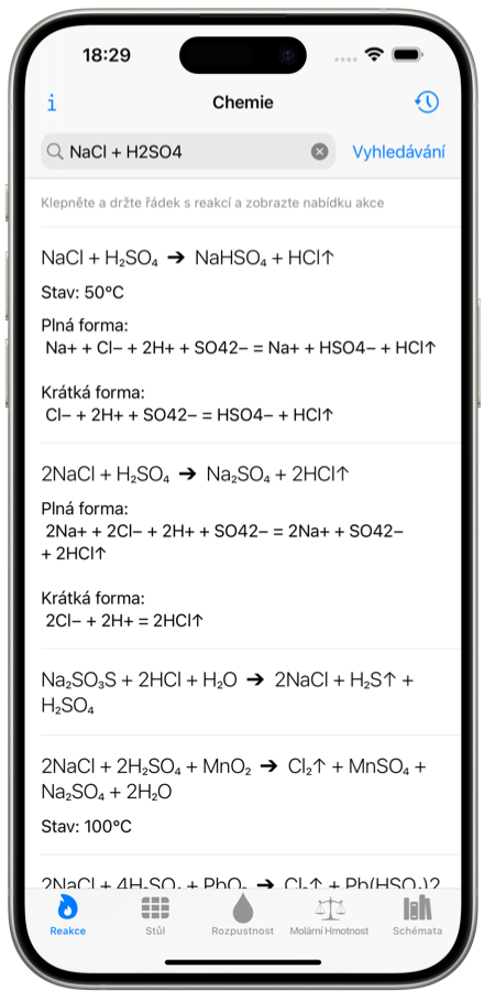 Řešič chemických reakcí. Mobilní aplikace. Snímek obrazovky iPhone