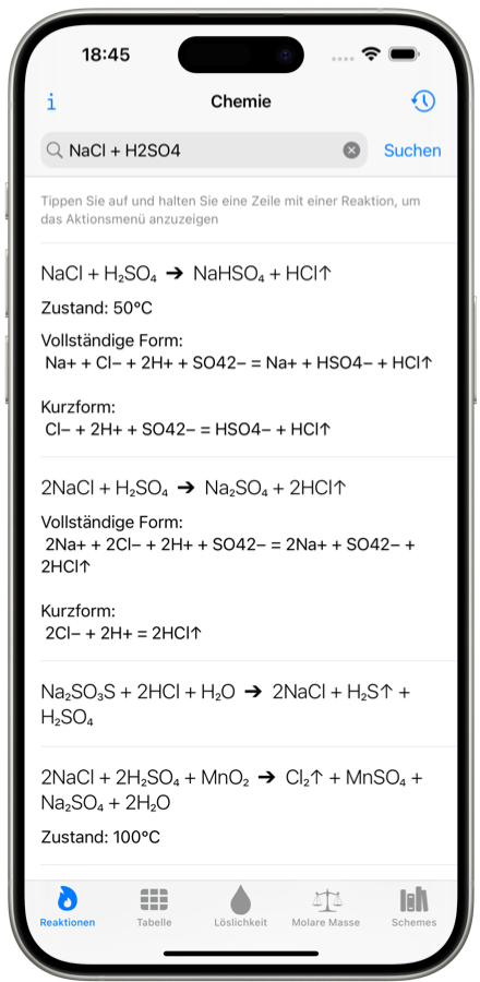 Löser für chemische Reaktionen. Mobile Applikation. iPhone-Screenshot