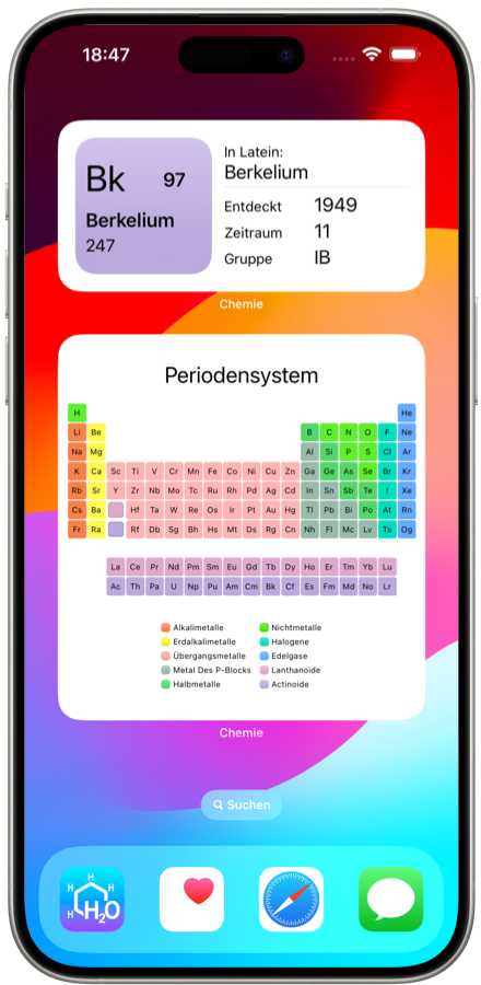 Chemie-Widgets für iOS-Anwendungen. Erinnern Sie sich leicht an die Elemente des Periodensystems