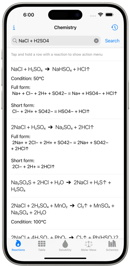 Chemical reactions solver. Mobile application. iPhone screenshot