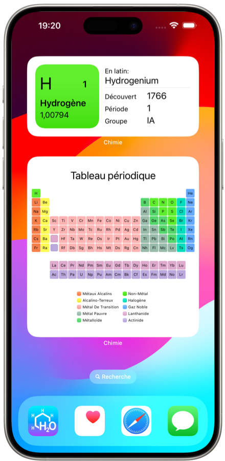 Widgets d'application iOS de chimie. Mémorisez facilement les éléments du tableau chimique périodique