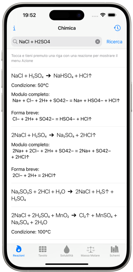 Risolutore di reazioni chimiche. Applicazione mobile. Schermata dell'iPhone