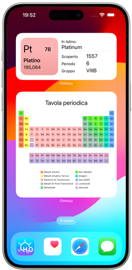 Widget dell'applicazione iOS di chimica. Ricorda facilmente gli elementi della tavola chimica periodica
