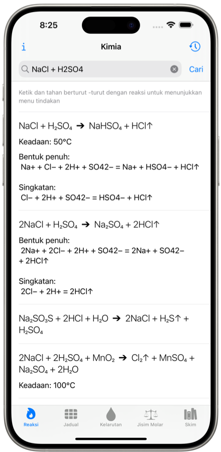 Penyelesai tindak balas kimia. Aplikasi mudah alih. tangkapan skrin iPhone