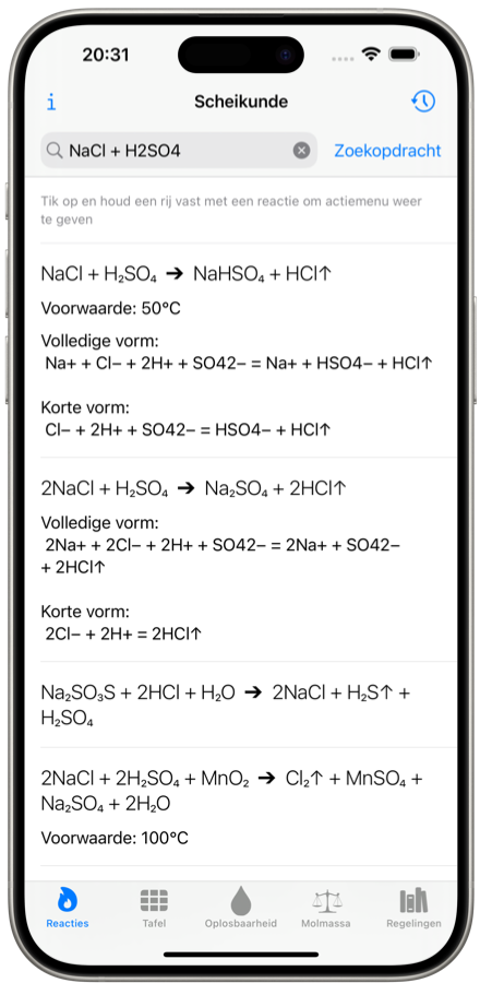 Oplosser van chemische reacties. Mobiele applicatie. iPhone-screenshot