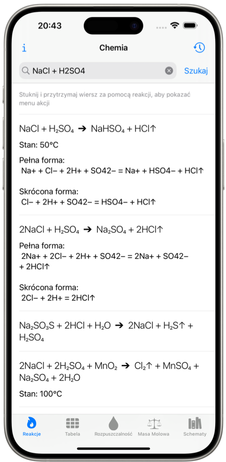 Reakcje chemiczne Solver. Mobilna aplikacja. Zrzut ekranu iPhone'a