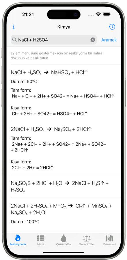 Kimyasal reaksiyon çözücü. Mobil uygulama. iPhone ekran görüntüsü