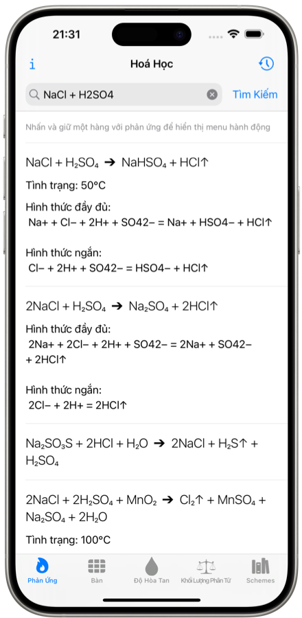 Giải pháp phản ứng hóa học. Ứng dụng di động. ảnh chụp màn hình iPhone