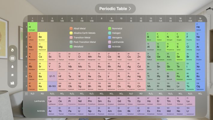 Snímka obrazovky periodickej tabuľky na Apple Vision Pro
