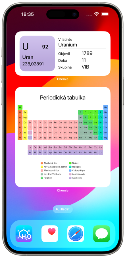Widgety aplikací chemie iOS. Pamatujte snadno periodické chemické tabulky
