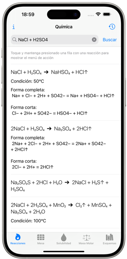 Solucionador de reacciones químicas. Aplicación movil. captura de pantalla del iPhone