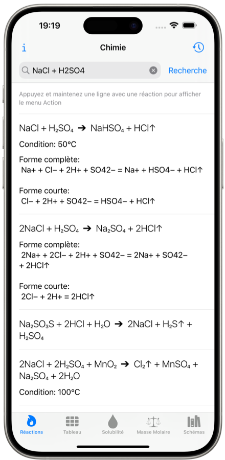 Solveur de réactions chimiques. Application mobile. Capture d'écran iPhone