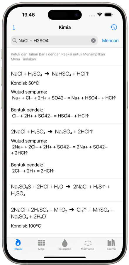 Pemecah reaksi kimia. Aplikasi seluler. tangkapan layar iPhone