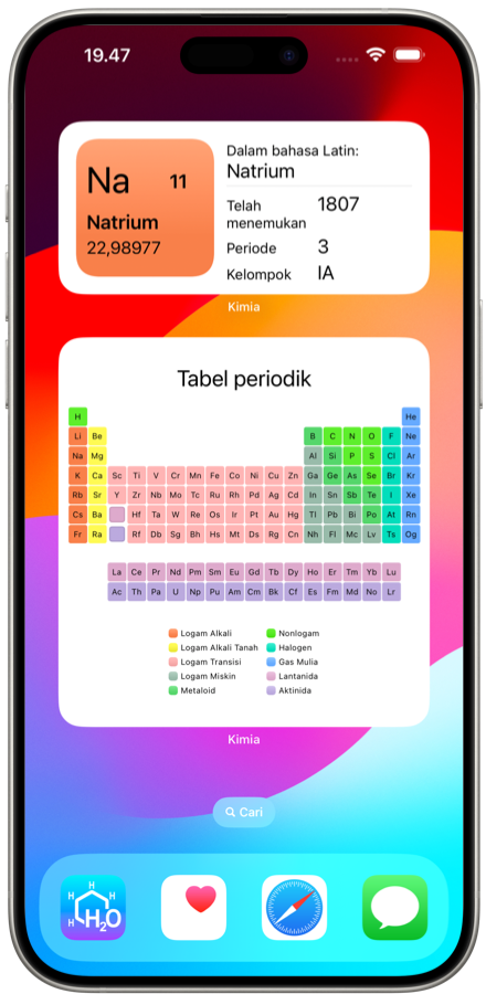 Widget aplikasi Kimia iOS. Ingat tabel periodik unsur kimia dengan mudah