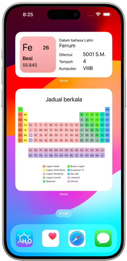 Widget aplikasi Kimia iOS. Ingat unsur jadual kimia berkala dengan mudah