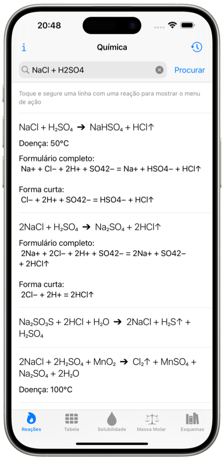 Solucionador de reações químicas. Aplicativo móvel. Captura de tela do iPhone